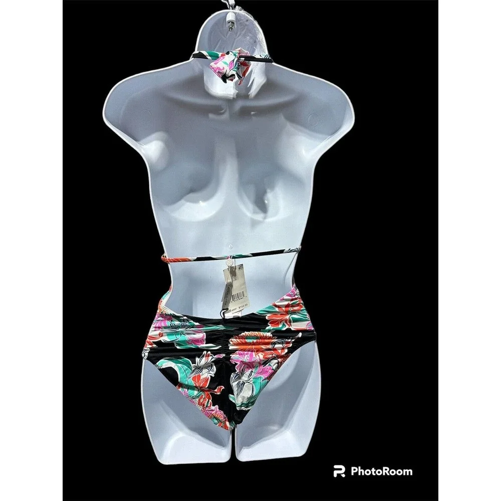 Trina Turk Tropical Wave Black Print Plunge One Piece Halter Swimsuit sz 2 - Picture 2 of 3